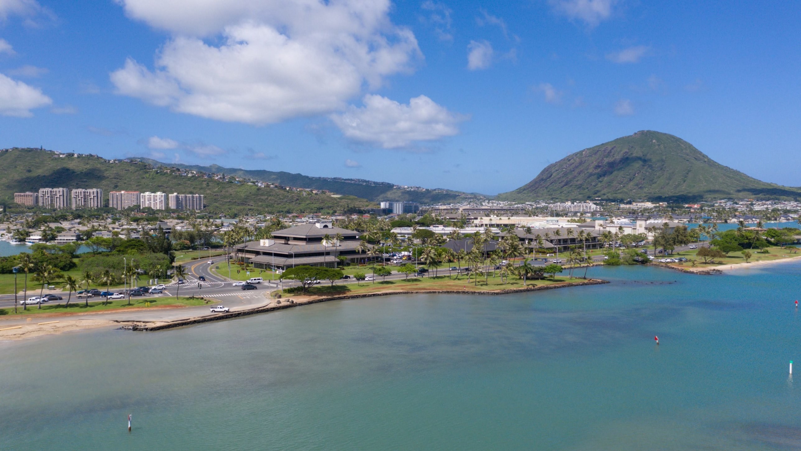 Hawaii Kai shoreline and shopping center with Koko Head behind