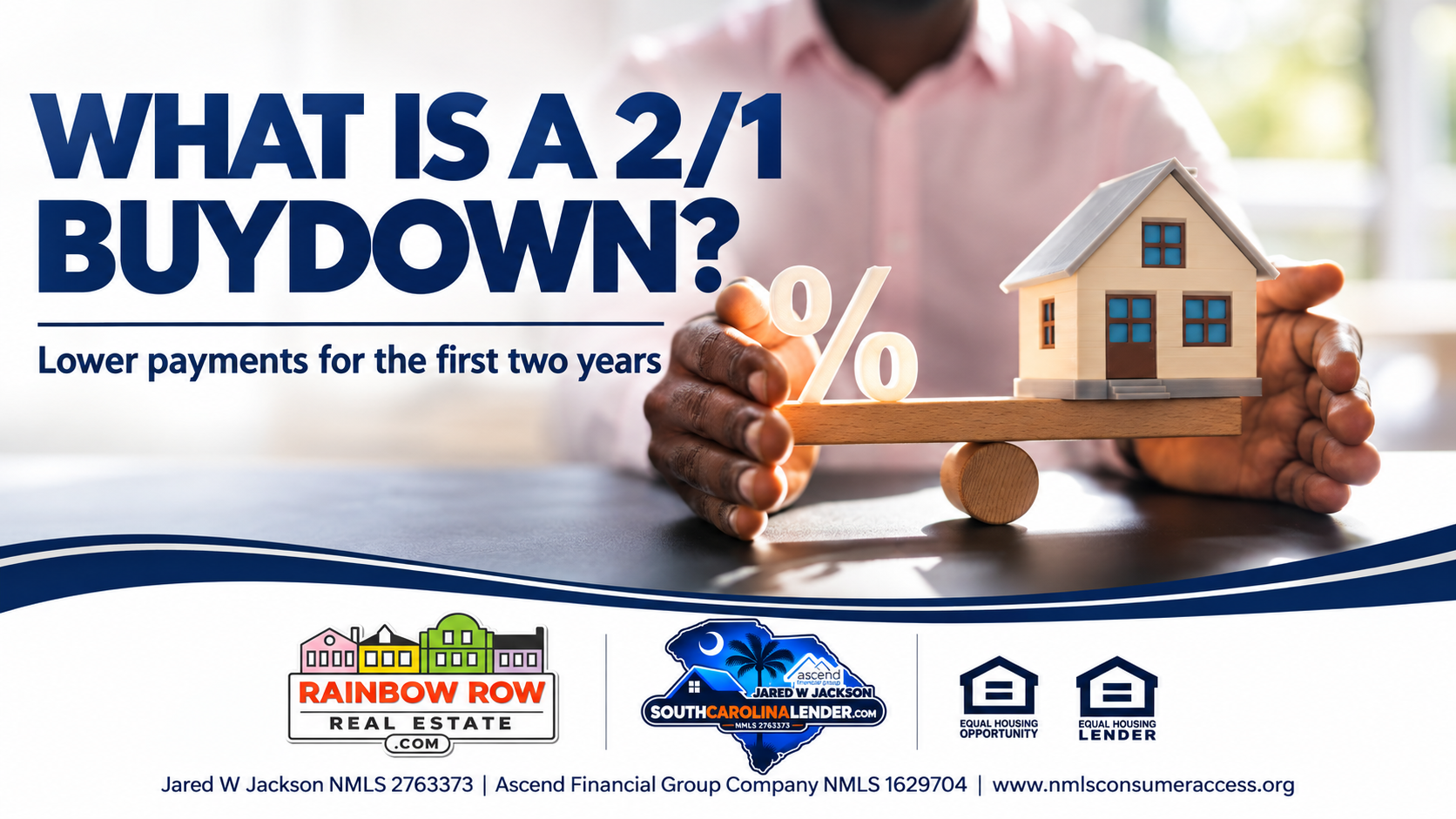 House model balanced with a percentage symbol beneath the headline What Is a 2/1 Buydown?