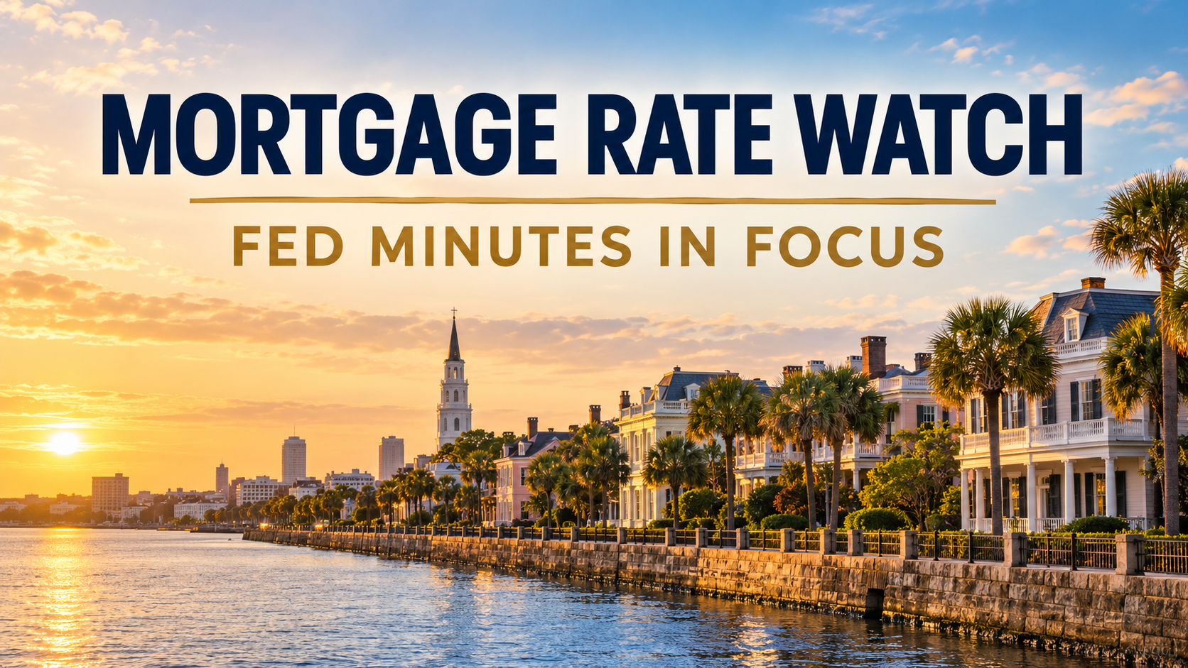 Charleston waterfront at sunrise with the headline Mortgage Rate Watch: Fed Minutes in Focus