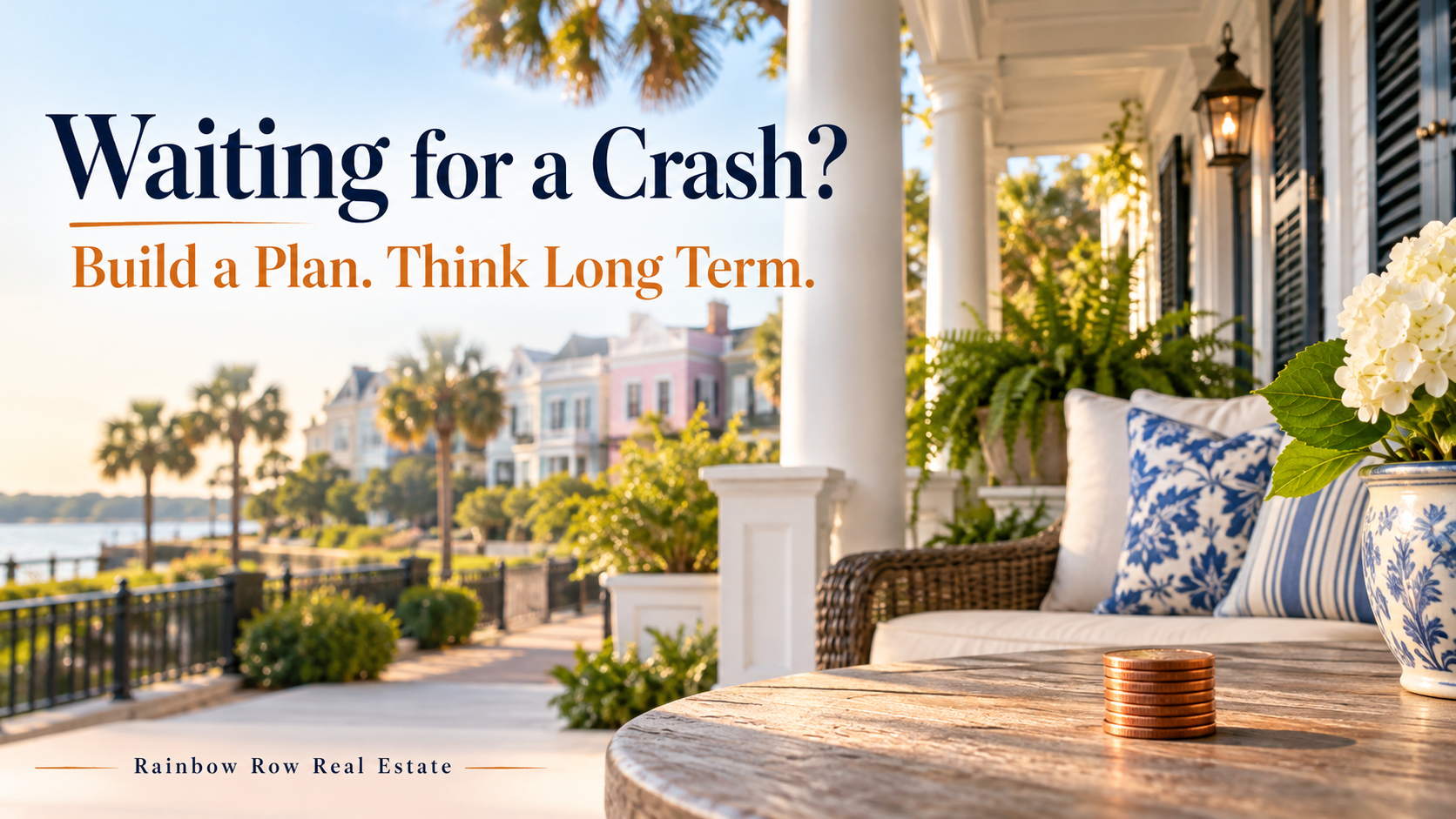 Charleston-style porch with a stack of pennies and the message “Waiting for a Crash? Build a Plan. Think Long Term.”