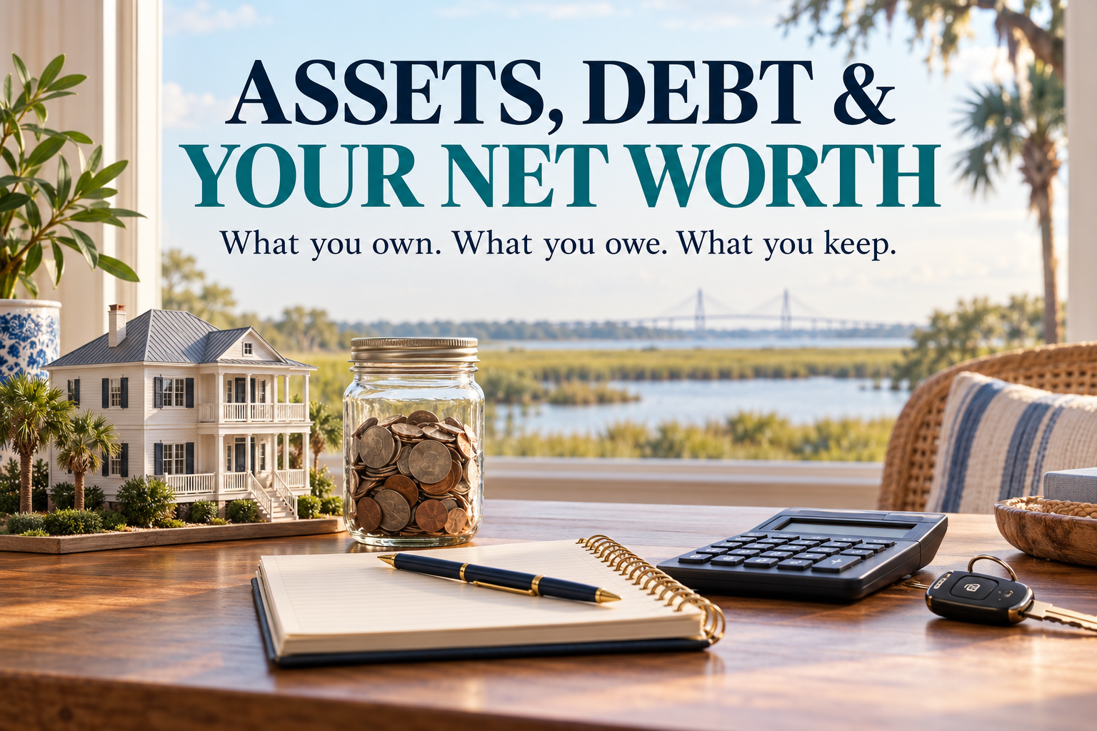 Charleston coastal home model, savings jar, calculator, and car key illustrating assets, debt, and net worth.
