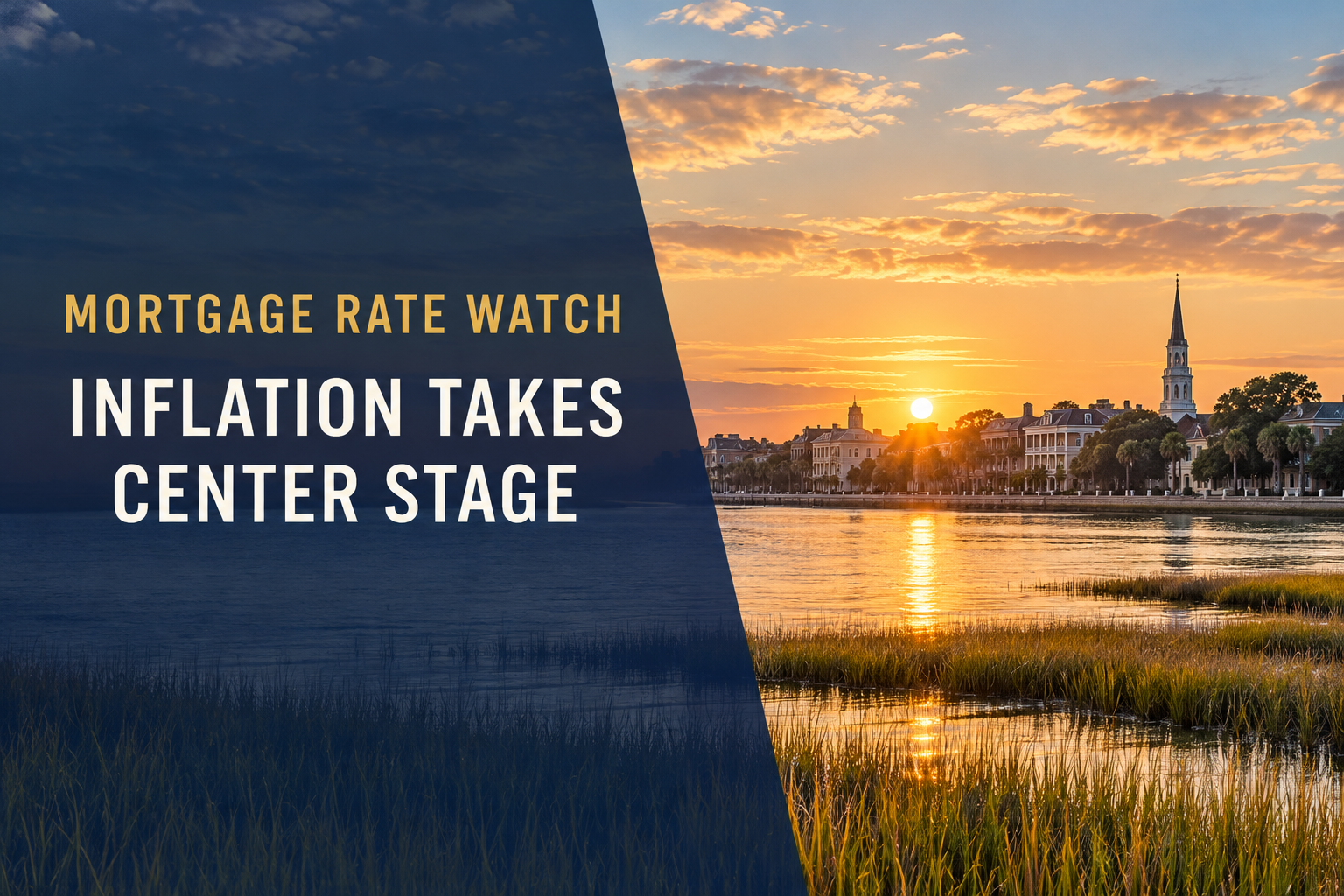 Charleston Lowcountry waterfront at sunrise with Mortgage Rate Watch and Inflation Takes Center Stage headline