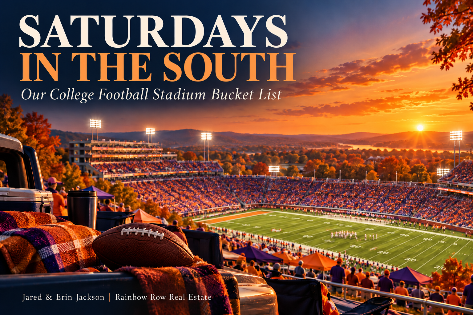 Southern college football stadium illustration at sunset with the headline &ldquo;Saturdays in the South: Our College Football Stadium Bucket List.&rdquo;