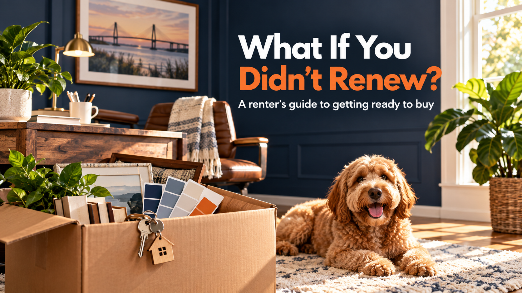 Puppy beside a moving box and paint swatches in a navy home office, with the words “What If You Didn’t Renew?”