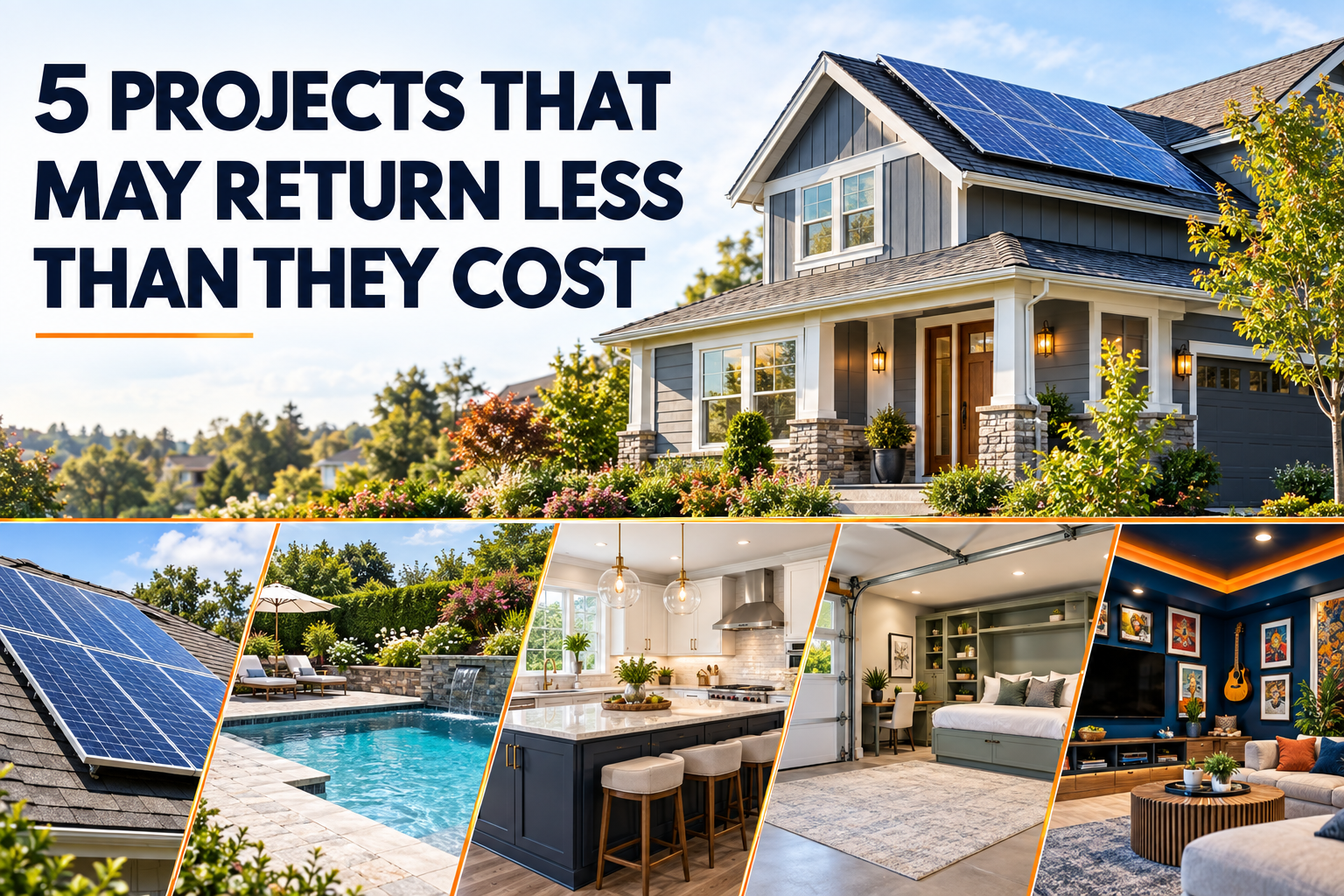 A modern home with rooftop solar panels and elaborate landscaping, alongside images of a luxury pool, upscale kitchen, converted garage and highly personalized living space. Text reads, “5 Projects That May Return Less Than They Cost.