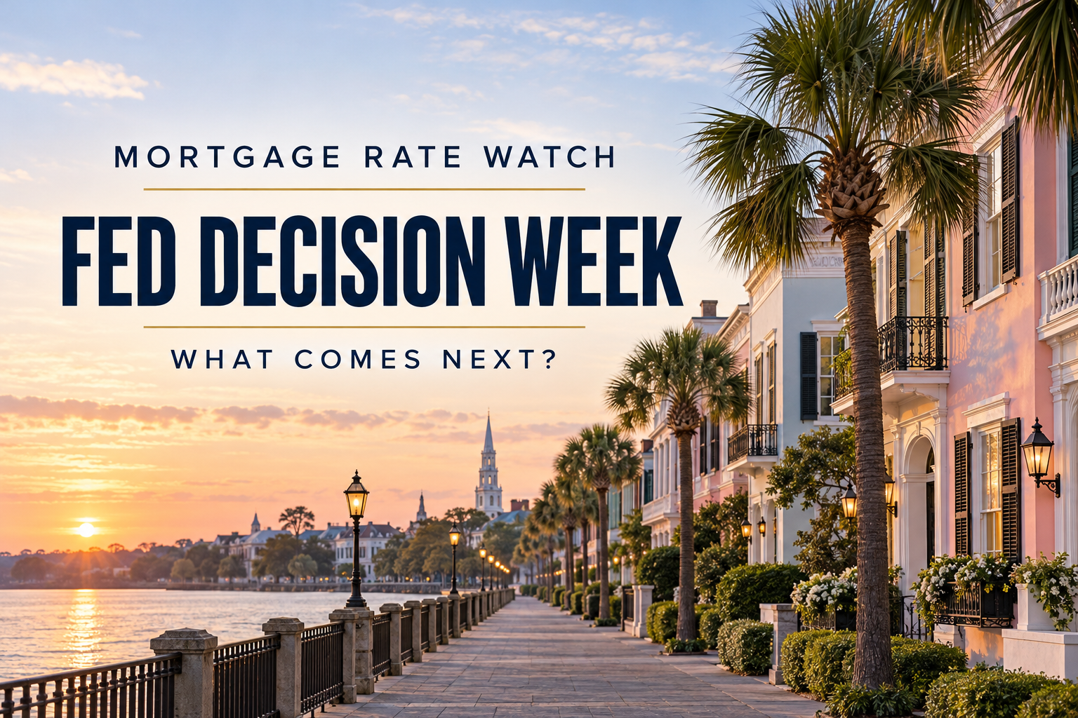 Charleston Lowcountry waterfront at sunrise with Mortgage Rate Watch and Fed Decision Week headline