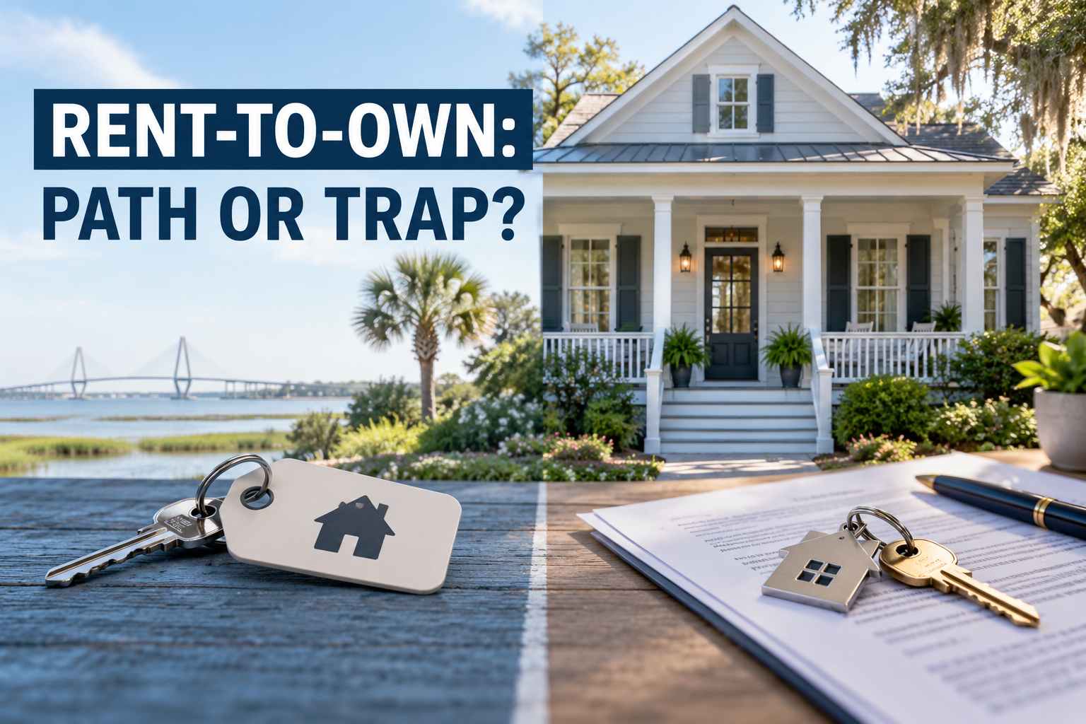 Rent-to-own home graphic warning prospective buyers to understand the contract before signing