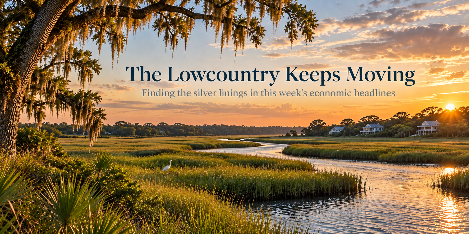 Sunset over a Lowcountry tidal marsh with the headline &ldquo;The Lowcountry Keeps Moving.&rdquo;