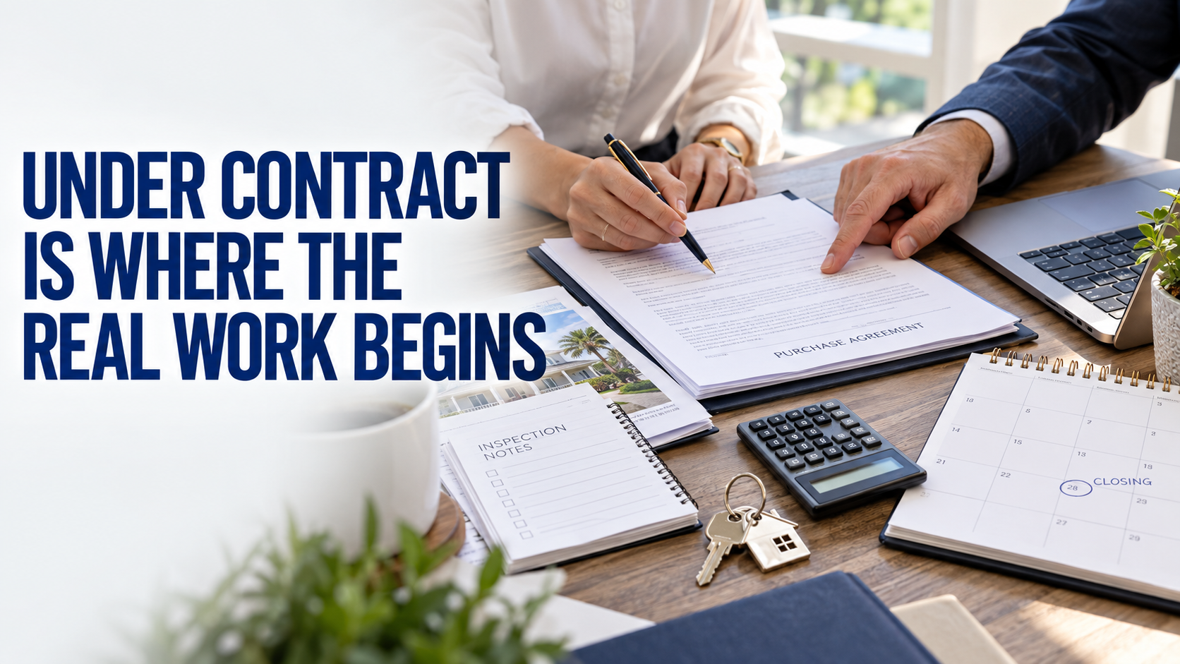 Real estate professionals working around a table beneath the headline “Getting Under Contract Is the Easy Part."