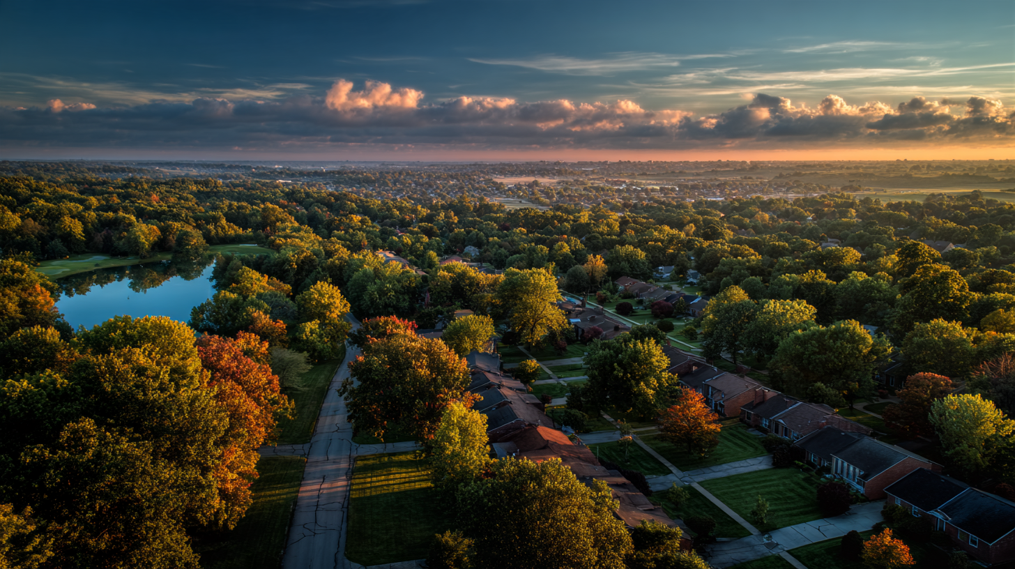 Aerial view of tree-lined Kansas City suburban neighborhoods with a lake and golf course at sunset