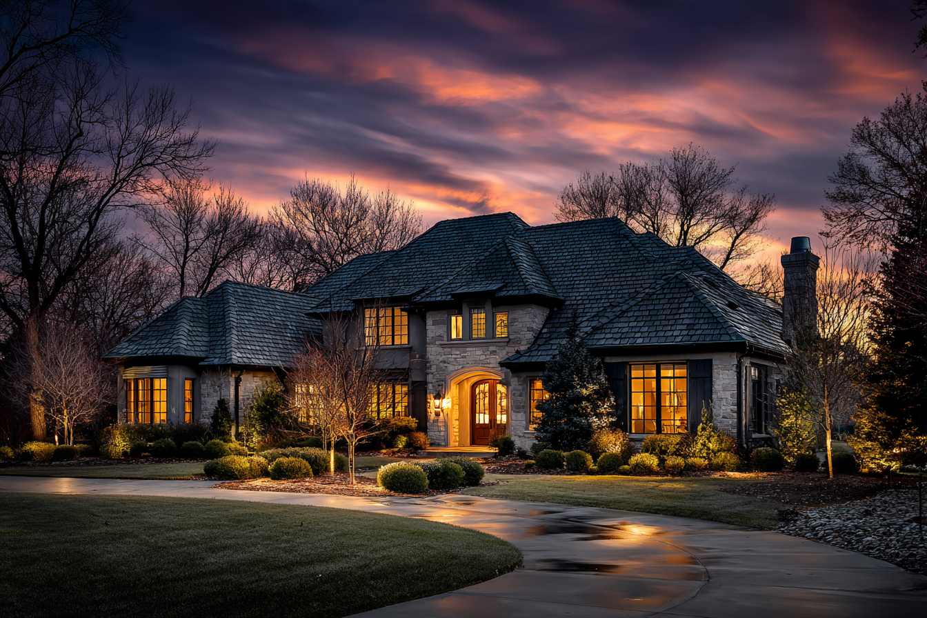 Stone luxury home with a slate roof and arched entry at twilight in Leawood, Kansas