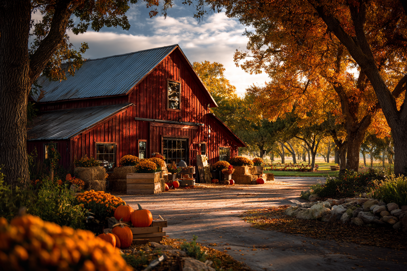 Red barn with pumpkins, mums and hay bales under fall trees near Louisburg, Kansas