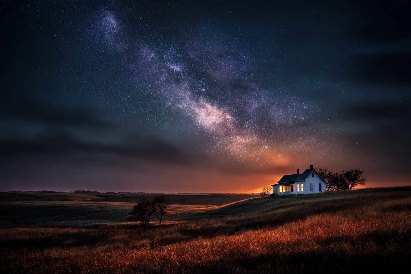 Milky Way over a farmhouse on a grassy hill in the Kansas countryside near Louisburg