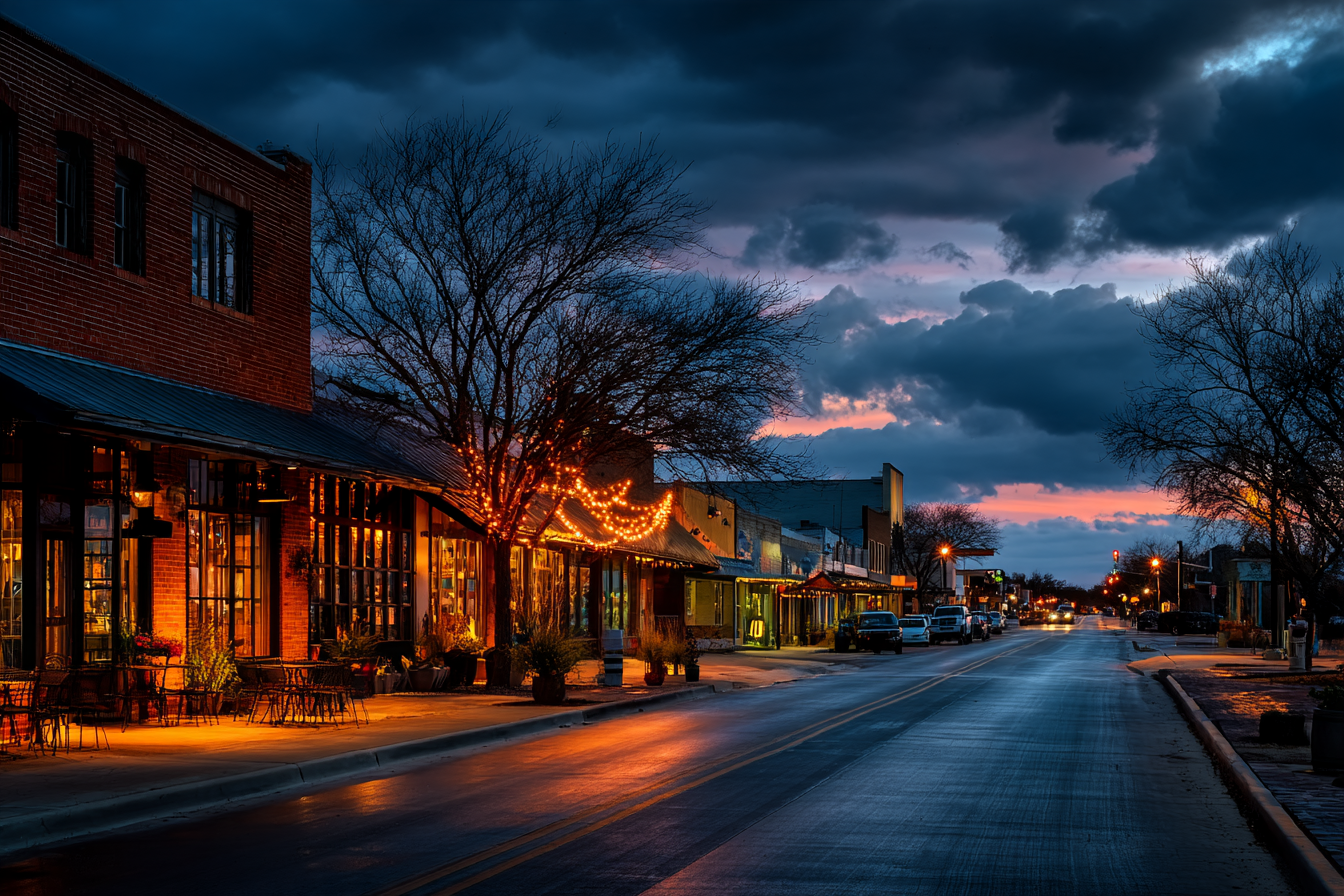 Brick storefronts and restaurant lights along a small-town main street at dusk in Mission, Kansas