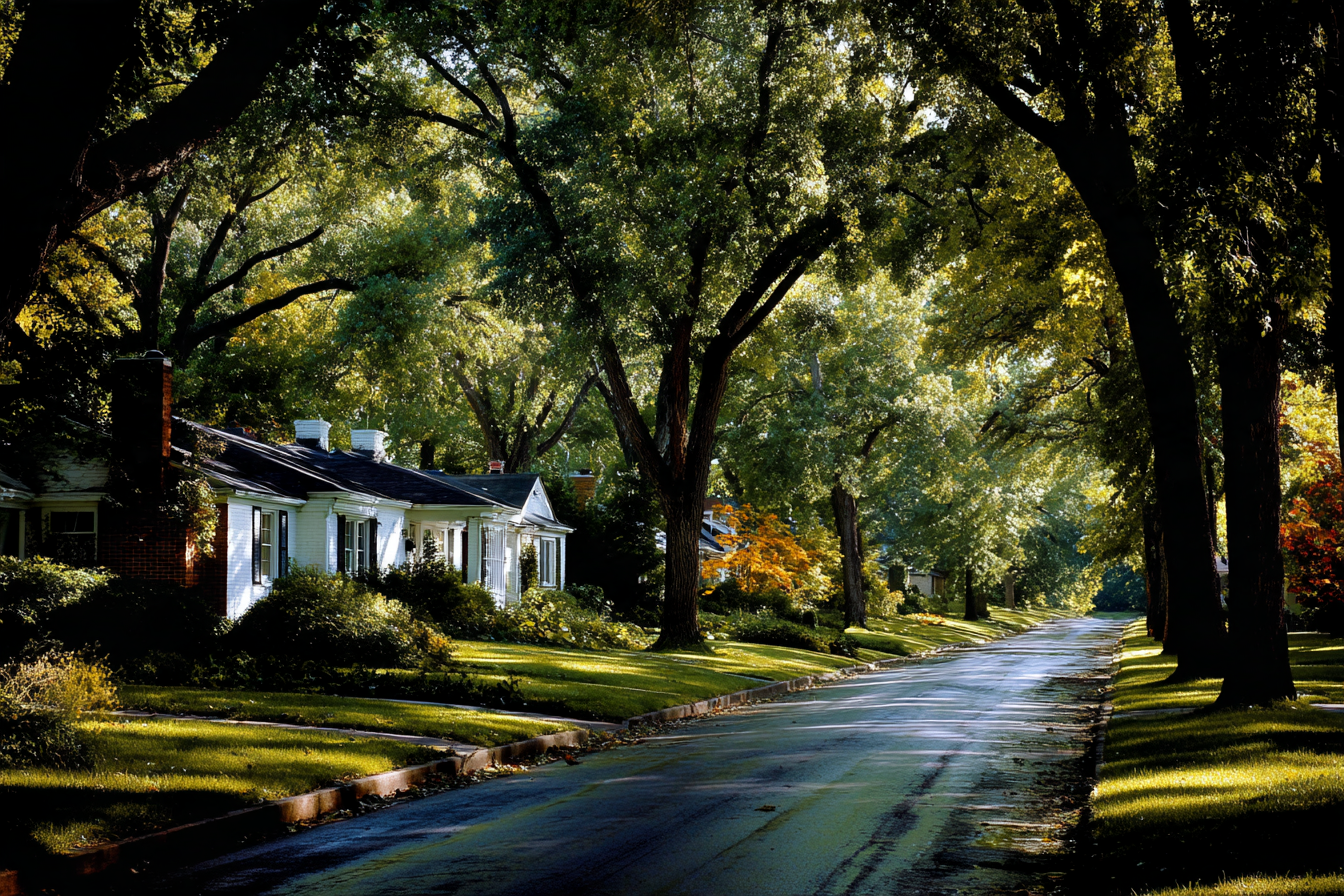 Tree-lined residential street with white mid-century homes under a tall canopy in Prairie Village, Kansas