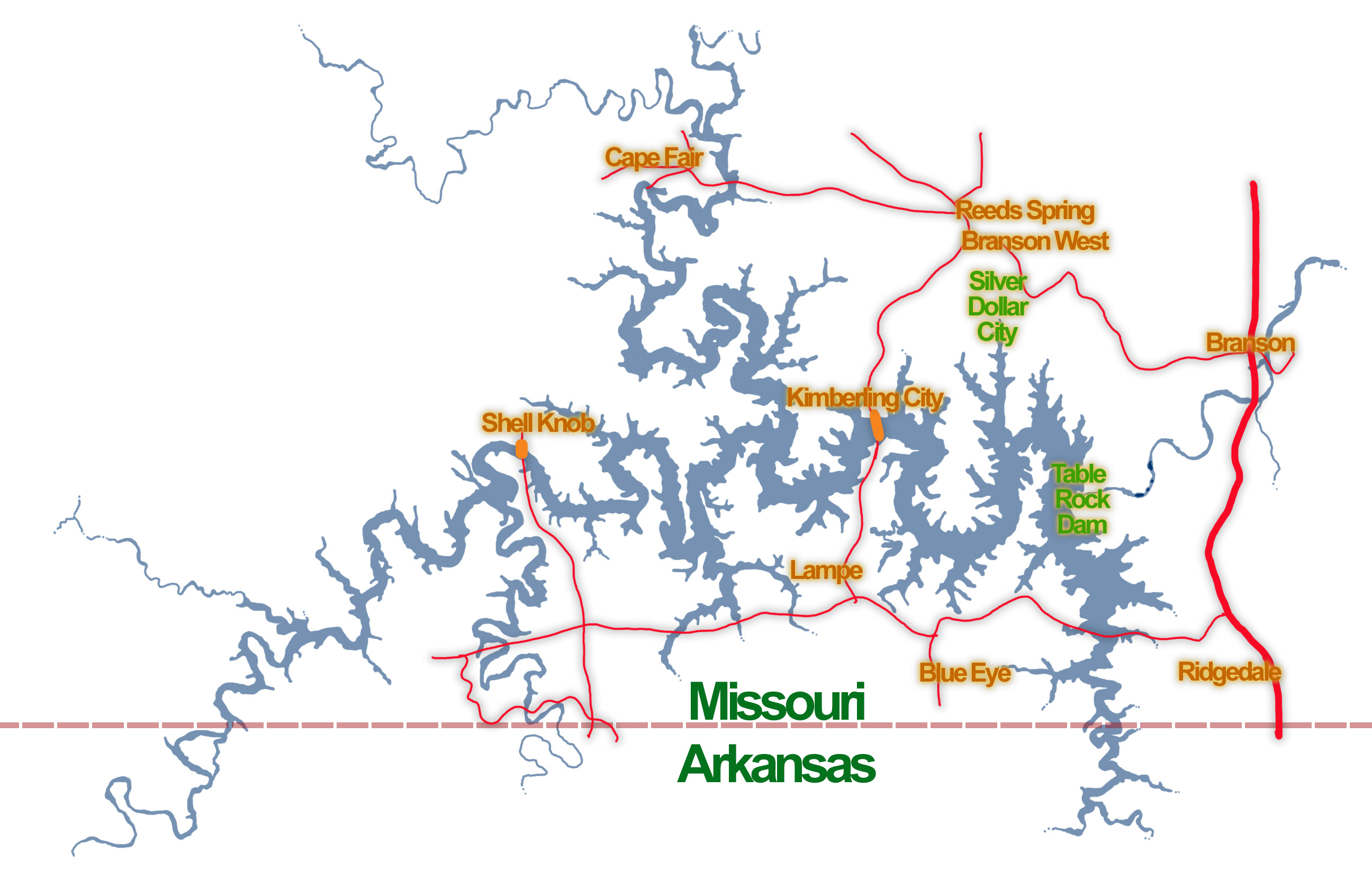 Map of Table Rock Lake communities in Missouri and Arkansas