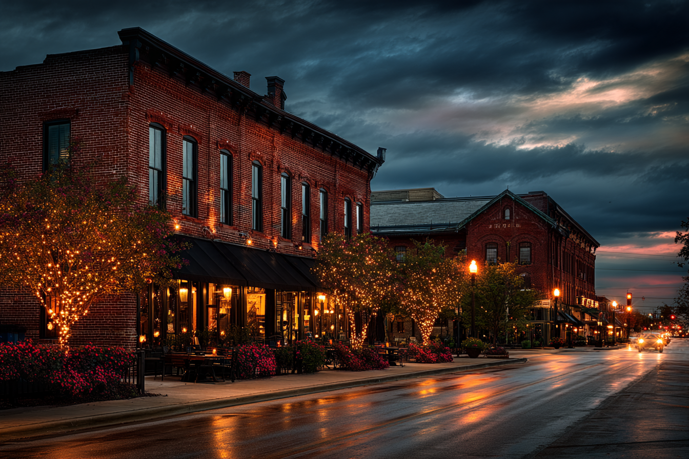 Historic red brick storefronts with glowing lights at dusk in downtown Lee’s Summit, Missouri