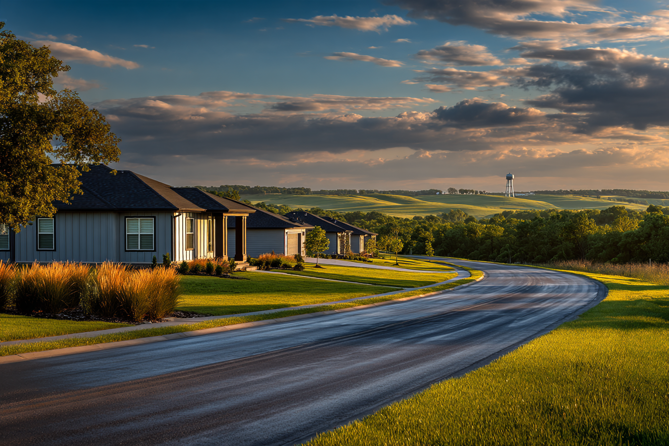 Newer ranch homes along a curving street with rolling green fields and a water tower in the distance in Spring Hill, Kansas