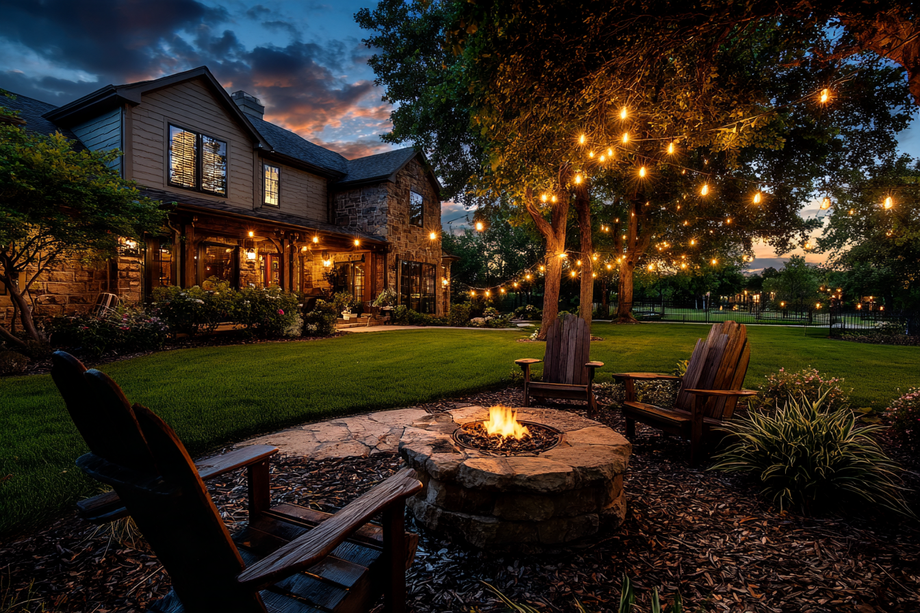 Stone fire pit and Adirondack chairs under string lights in the backyard of a suburban home at twilight