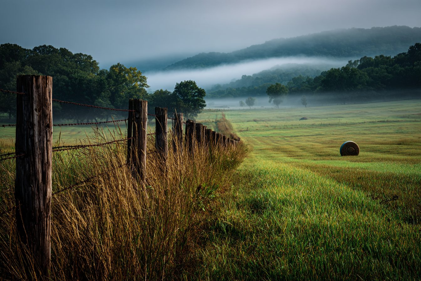 Fence line and misty pasture in the Ozark hills near the Missouri and Arkansas border
