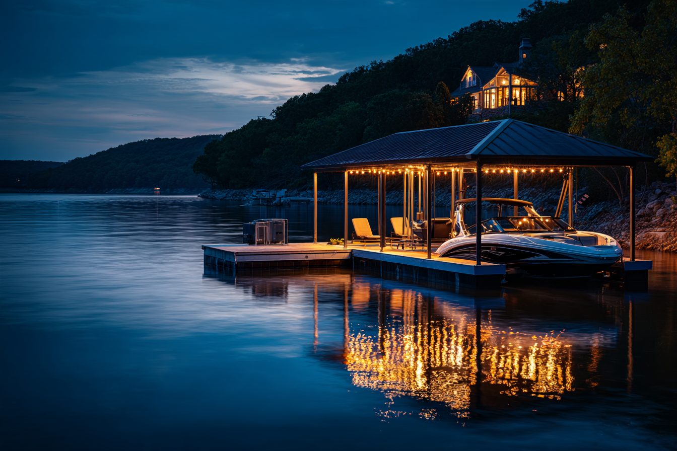 Covered boat dock with string lights below a lake home on Table Rock Lake at dusk