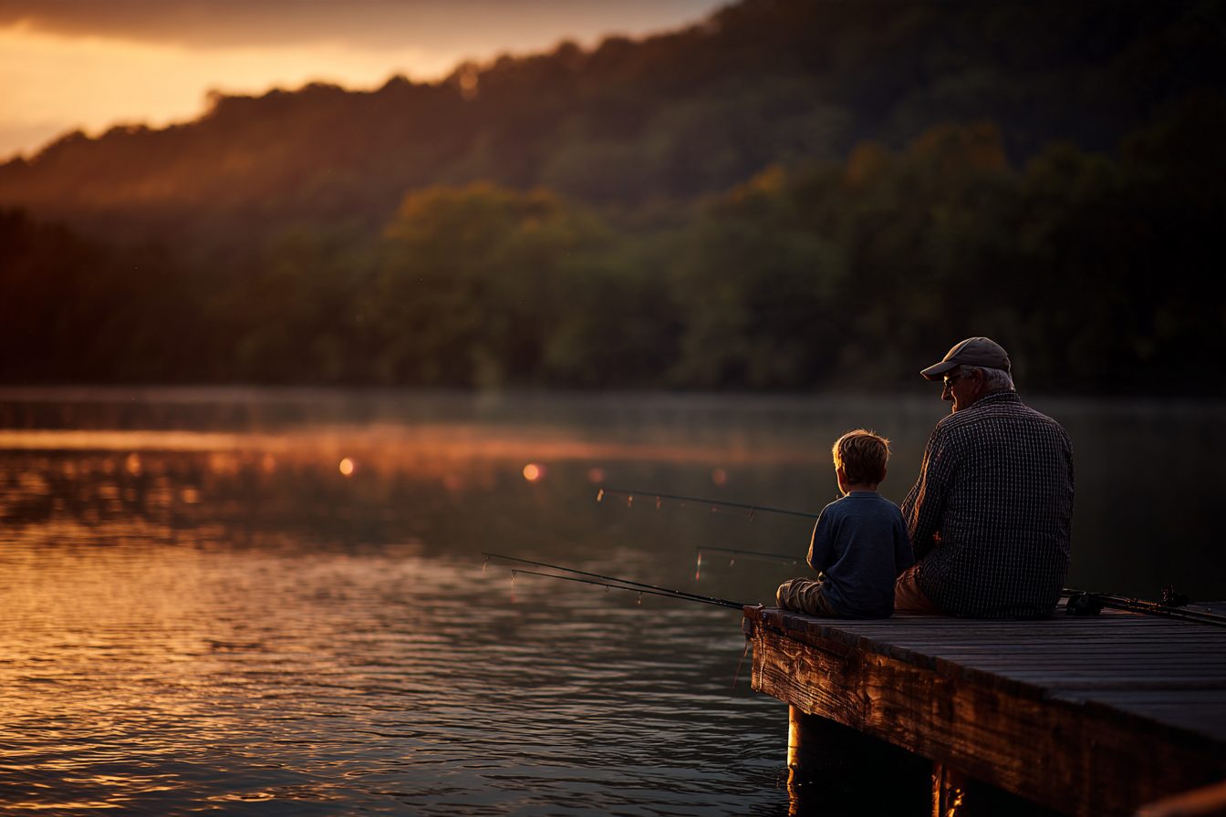 Grandfather and grandchild fishing from a dock on Table Rock Lake at sunset