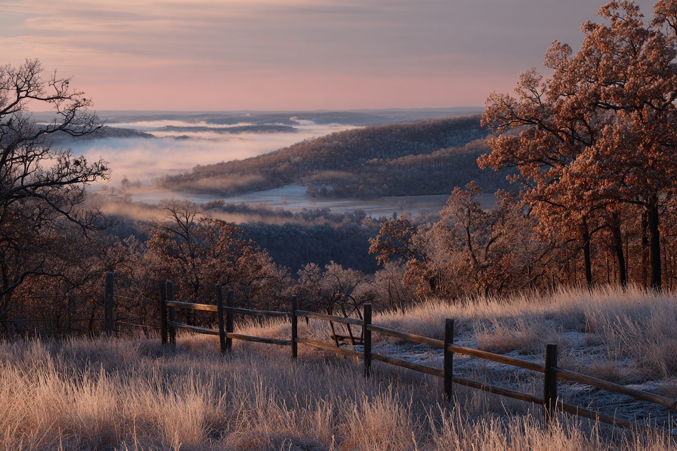 Frosty hilltop pasture and lake fog on a late-autumn morning near Blue Eye