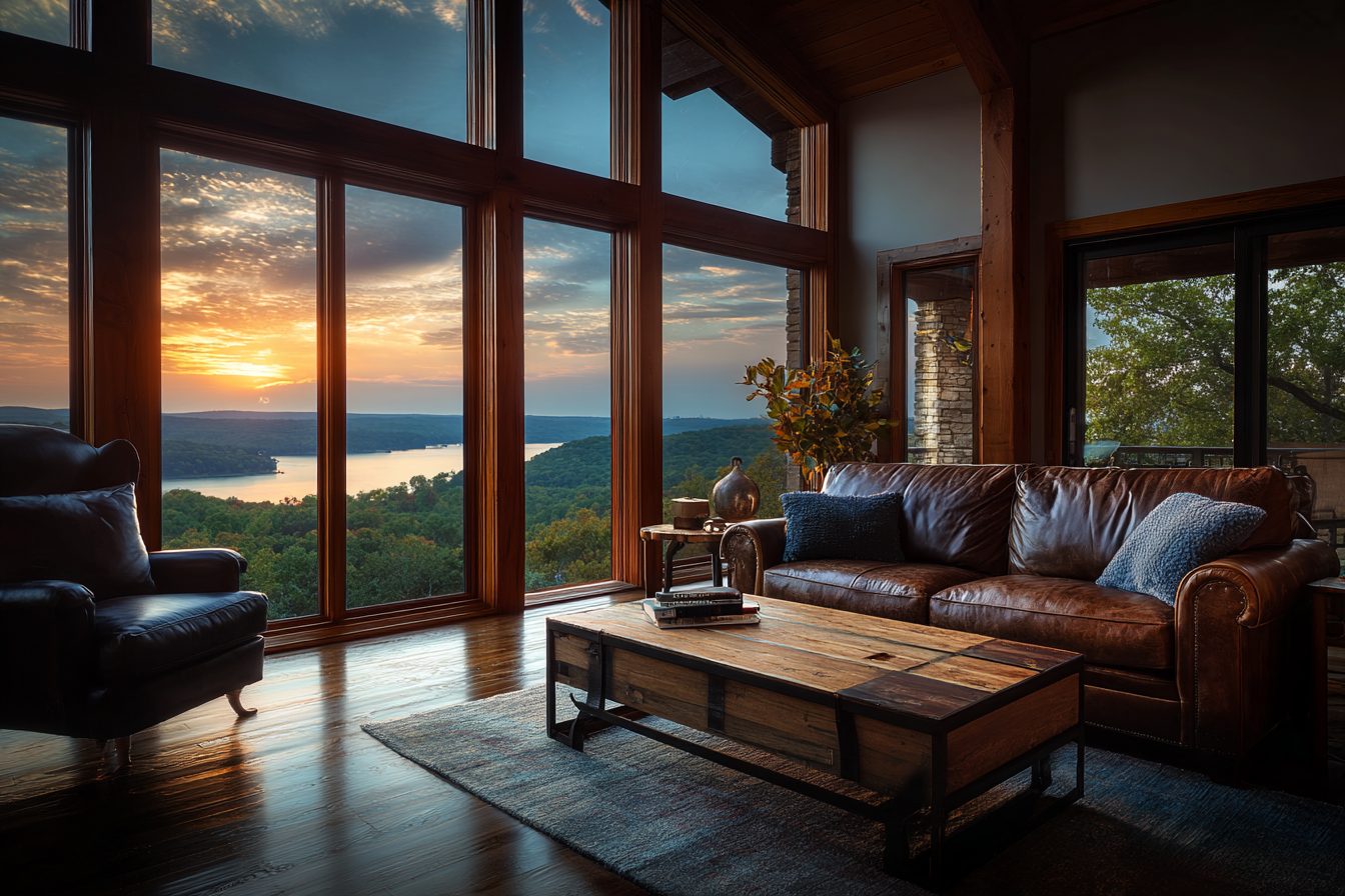 Living room with tall windows and a wide view of Table Rock Lake at sunset
