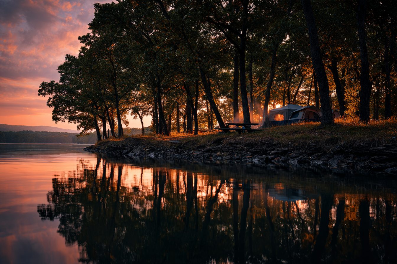 Tent campsite under the oaks on a Table Rock Lake shoreline at sunset