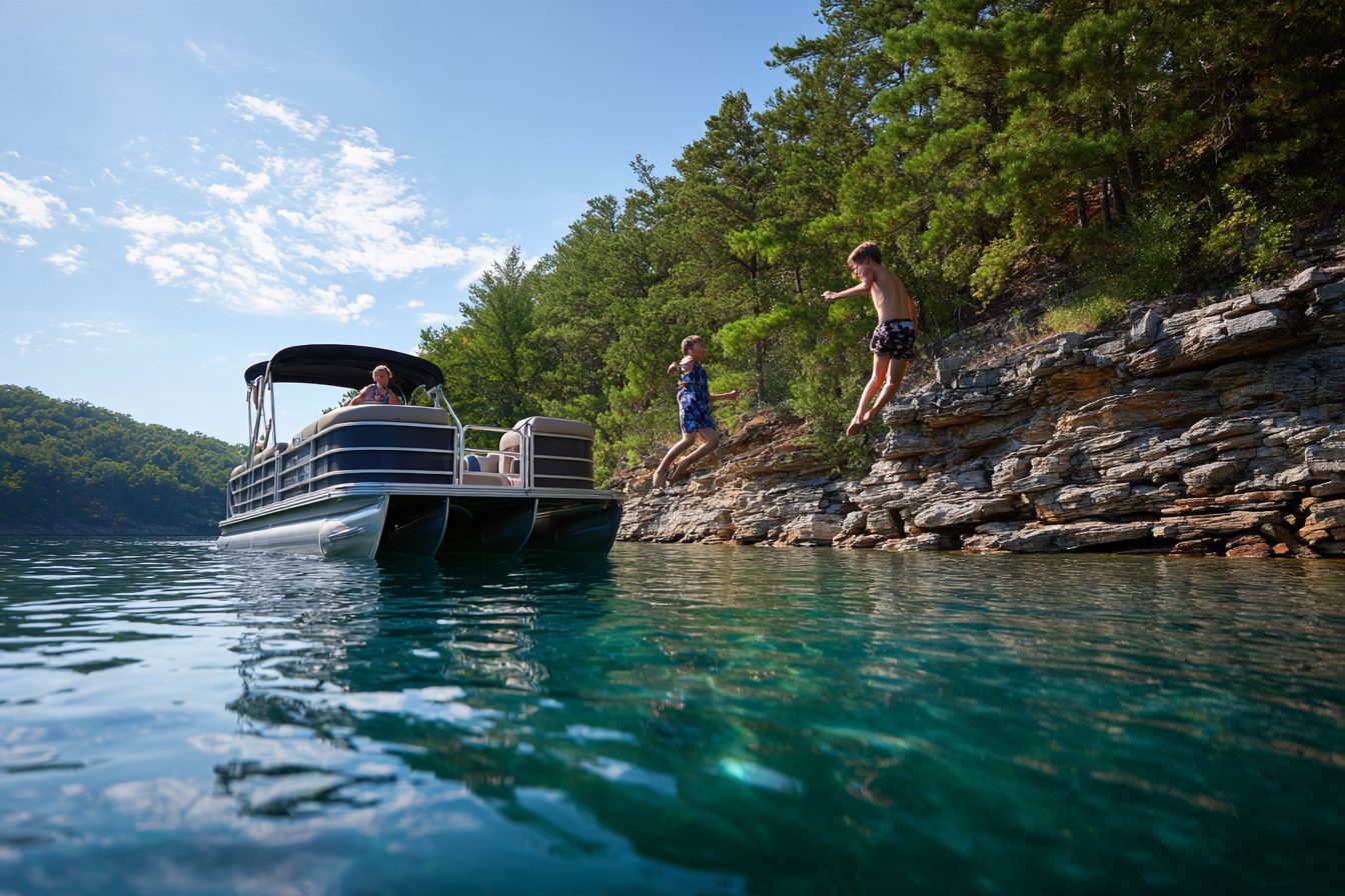 Kids jumping from a limestone ledge into clear Table Rock Lake water beside a pontoon boat