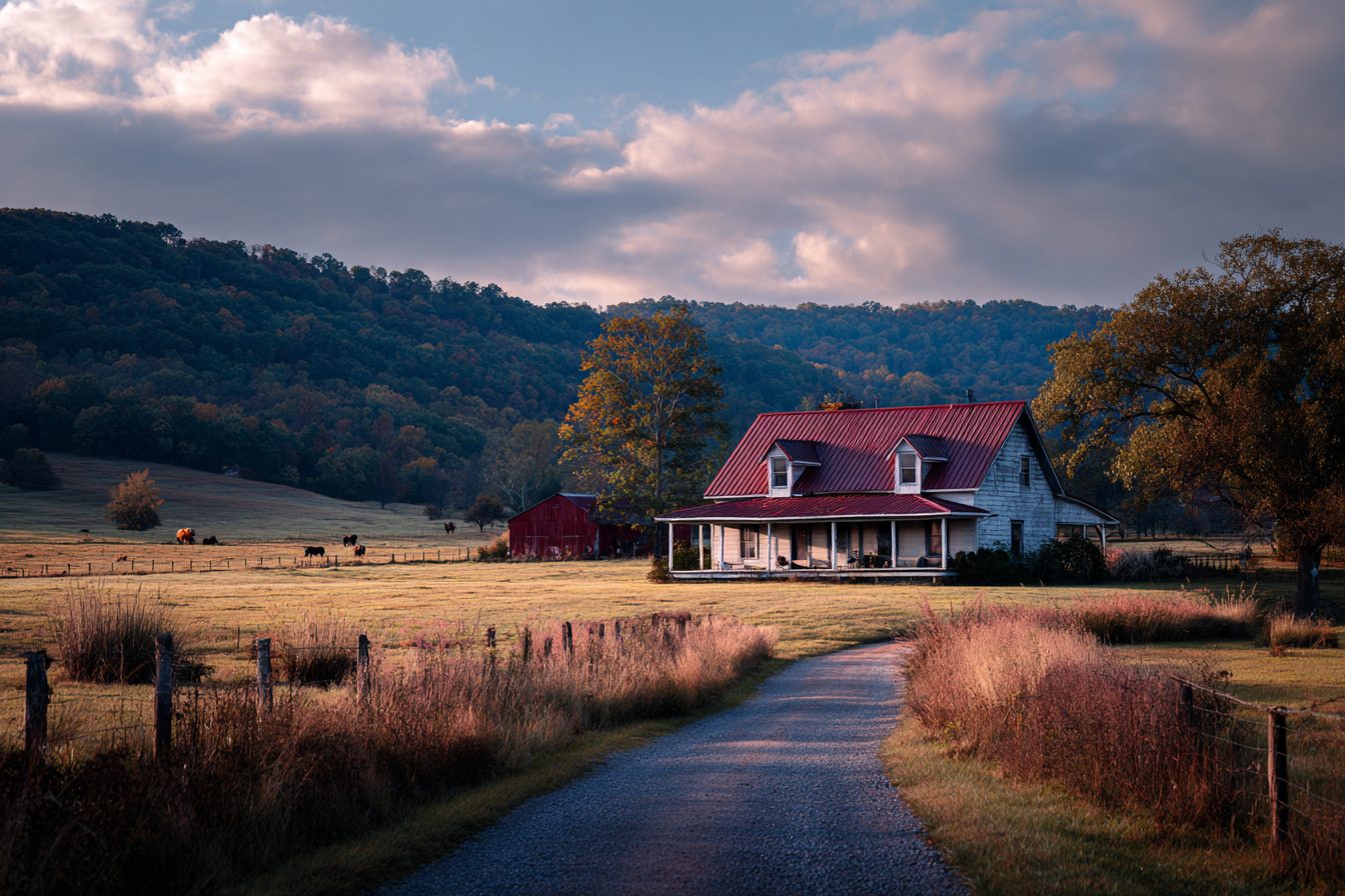 Farmhouse, red barn and cattle pasture on rural acreage near Blue Eye