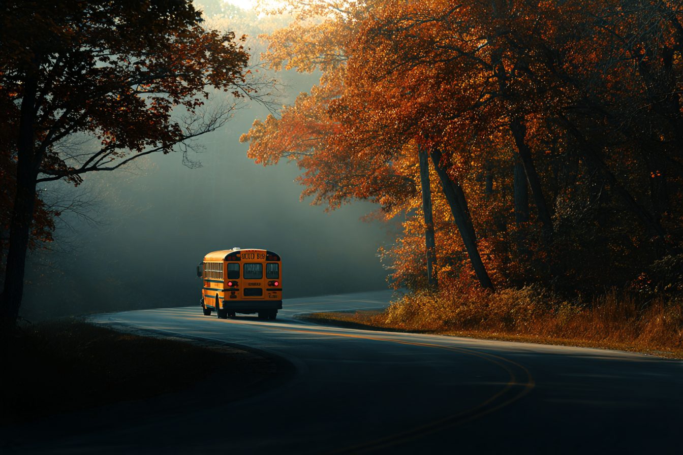 School bus on a winding country road through fall color near Blue Eye, Missouri