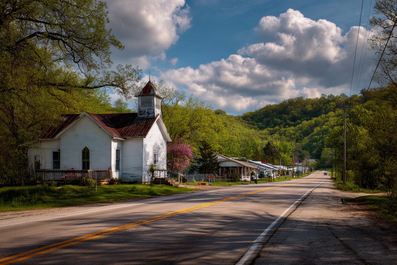White country church along a highway in a small Ozark town near Blue Eye, Missouri