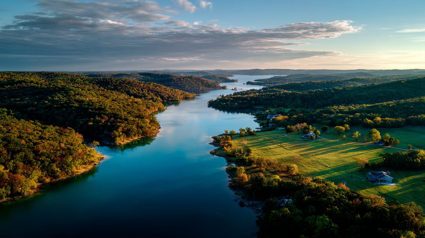 Aerial view of Table Rock Lake and rolling farmland near Blue Eye, Missouri