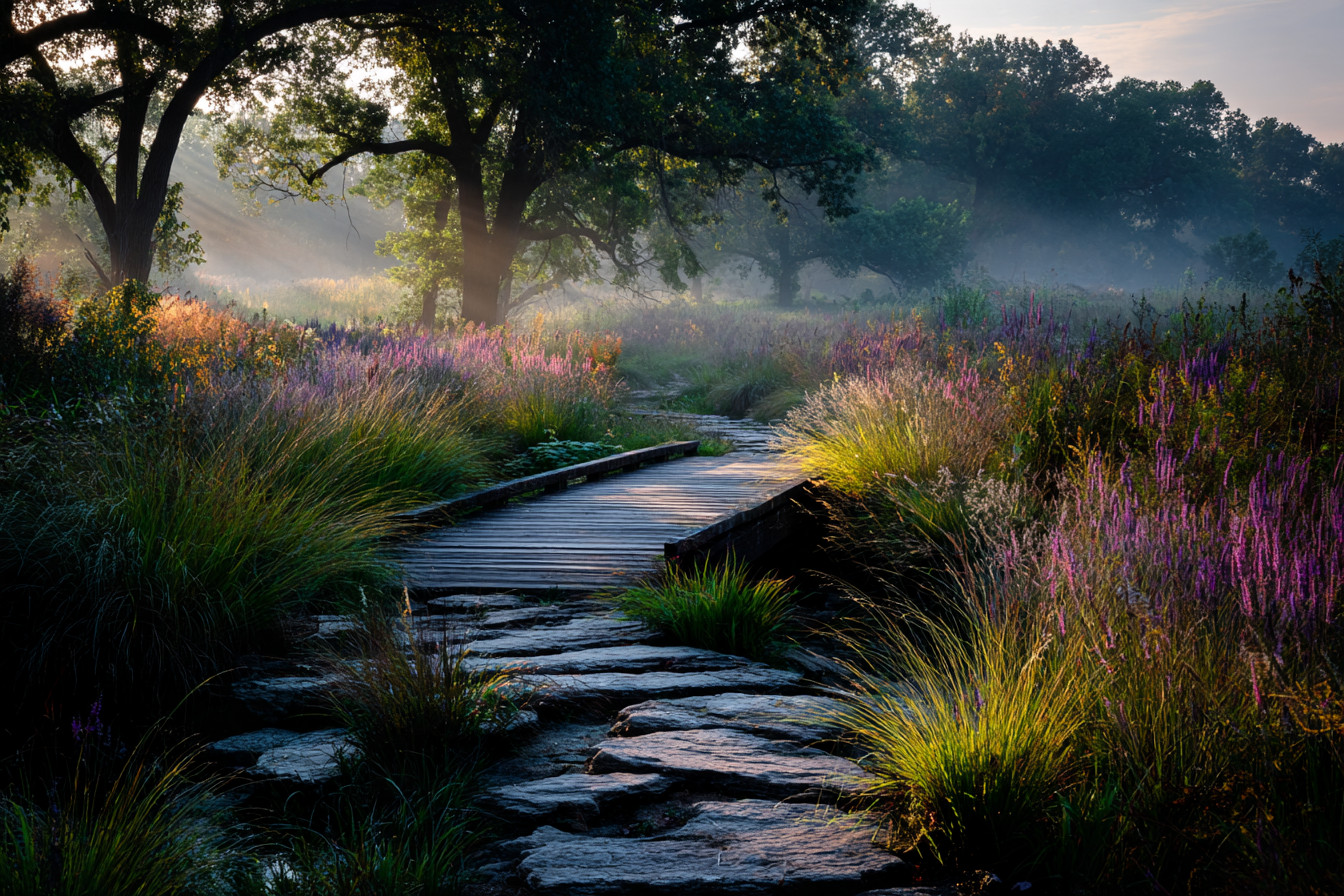 Stone path and wooden footbridge through native prairie grasses and wildflowers at a botanical garden in Overland Park, Kansas