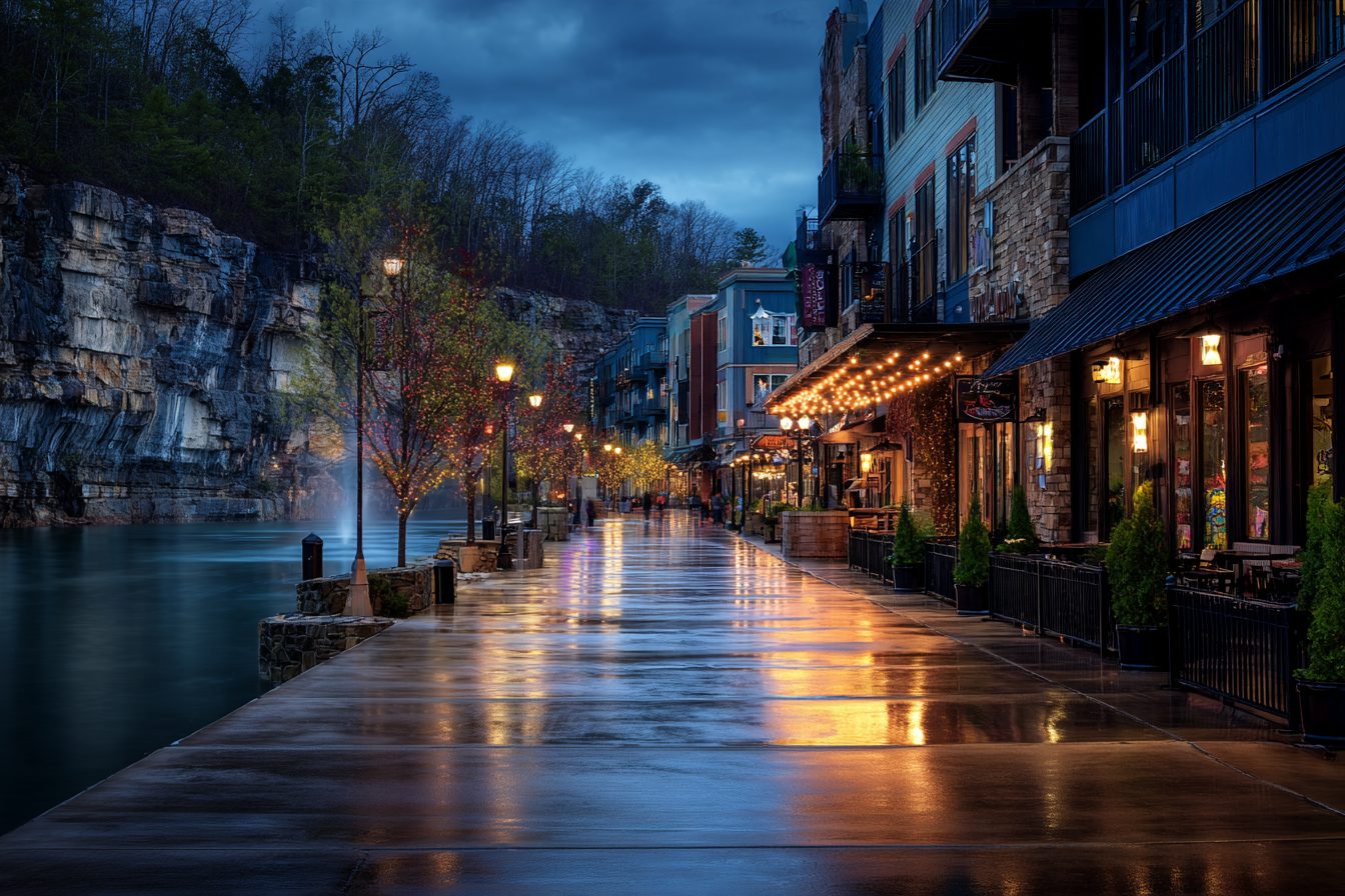 Lakefront boardwalk with shops and restaurants along Lake Taneycomo in Branson at dusk