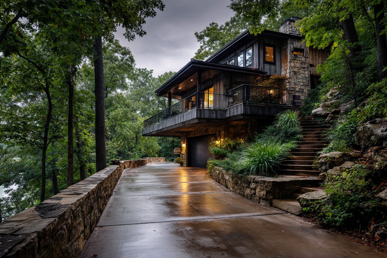 Ozark hillside home with stone retaining walls, a steep driveway and stairs near Branson