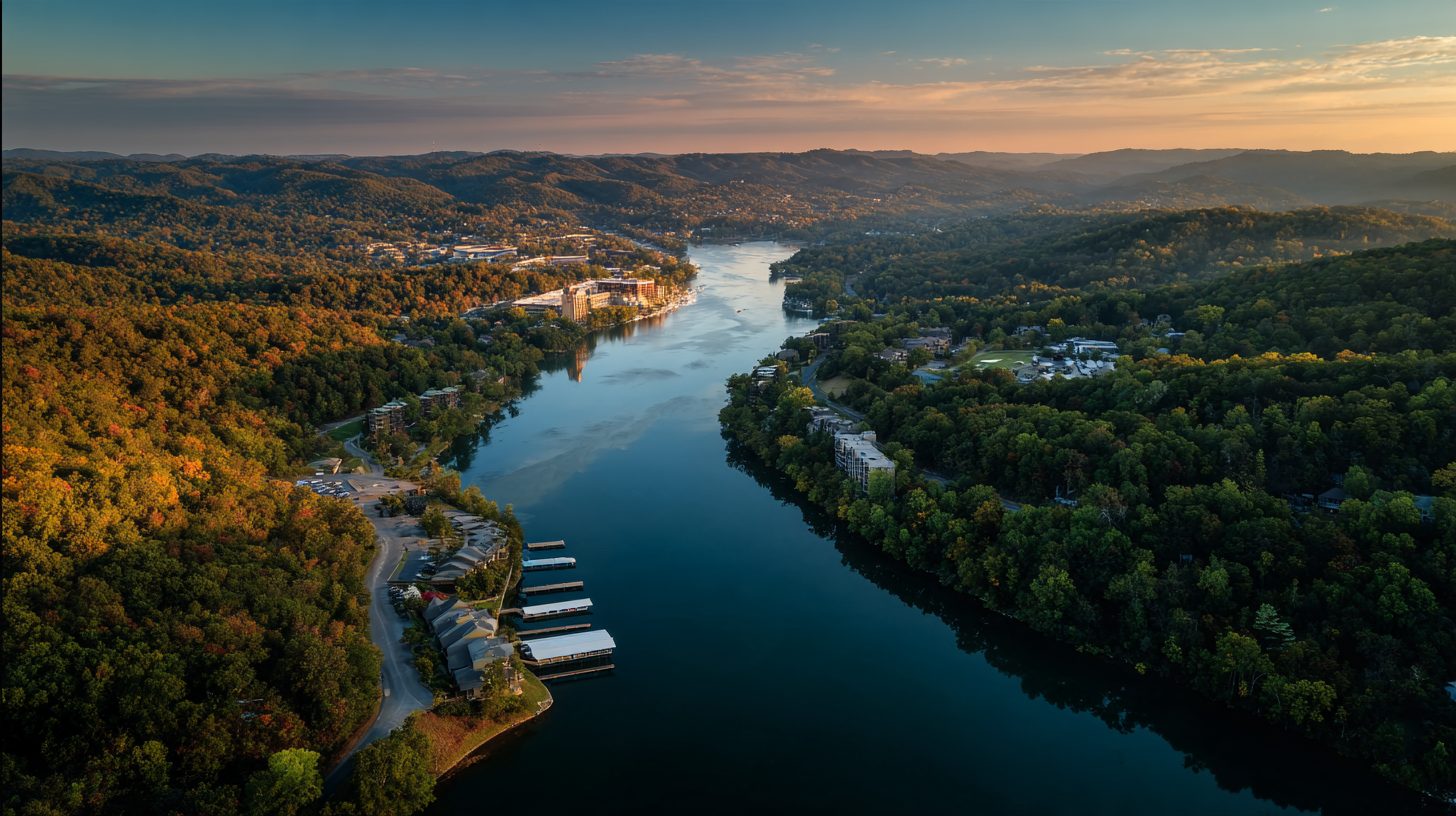 Aerial view of Lake Taneycomo winding past Branson, Missouri through forested Ozark hills at sunset