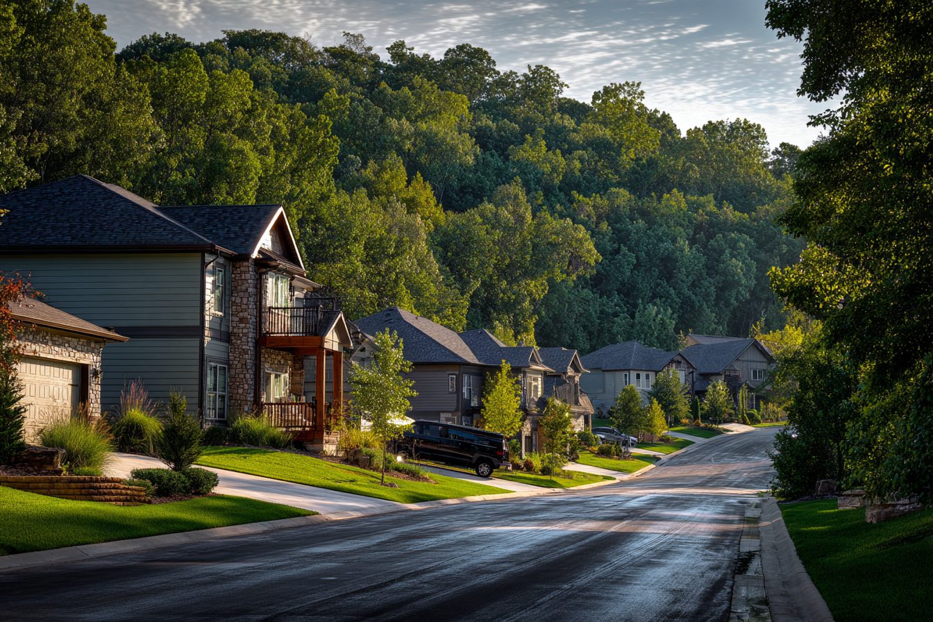 Newer homes on a wooded hillside street in a Branson, Missouri neighborhood