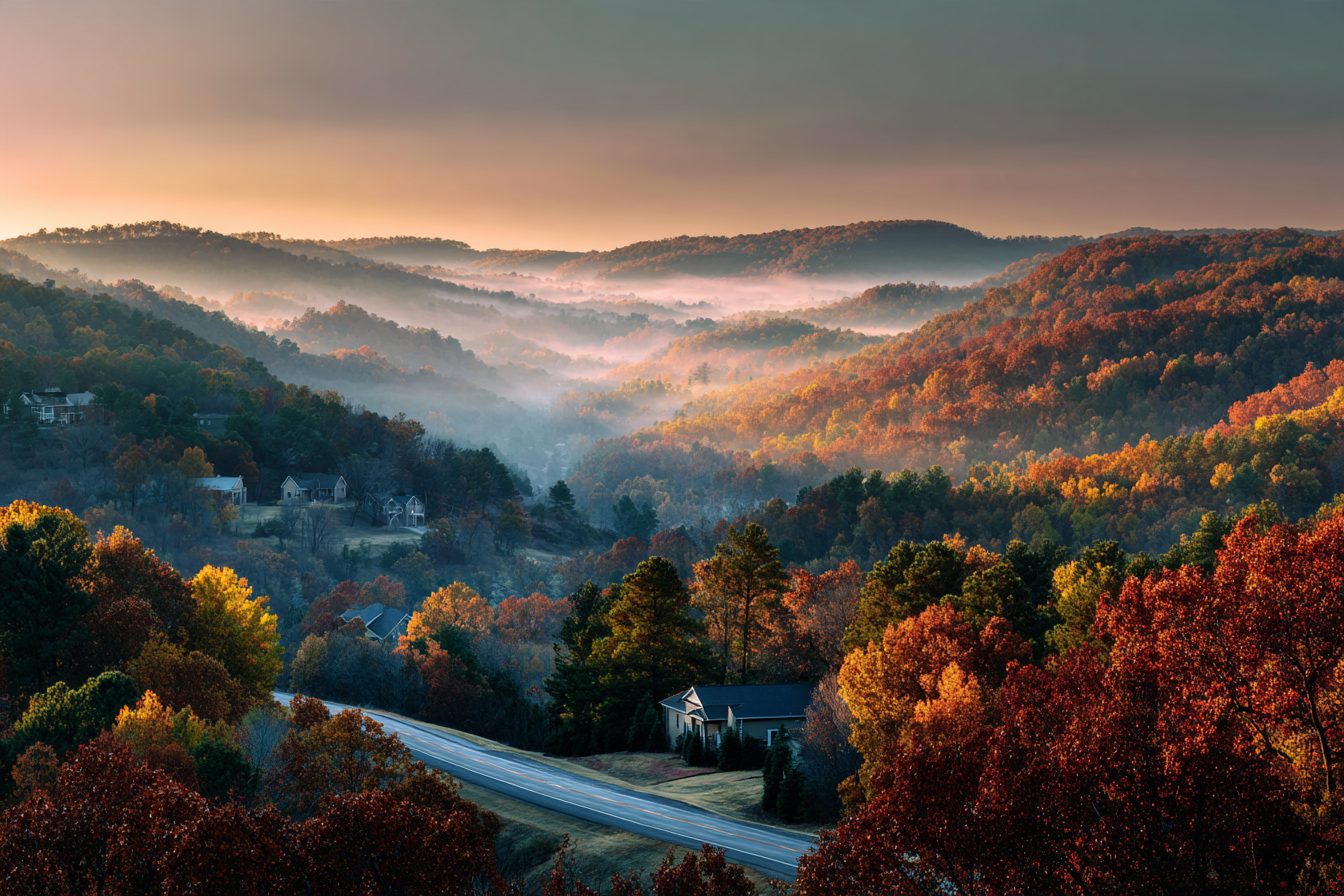 Fall color and morning fog over the Ozark hills along a highway near Branson, Missouri