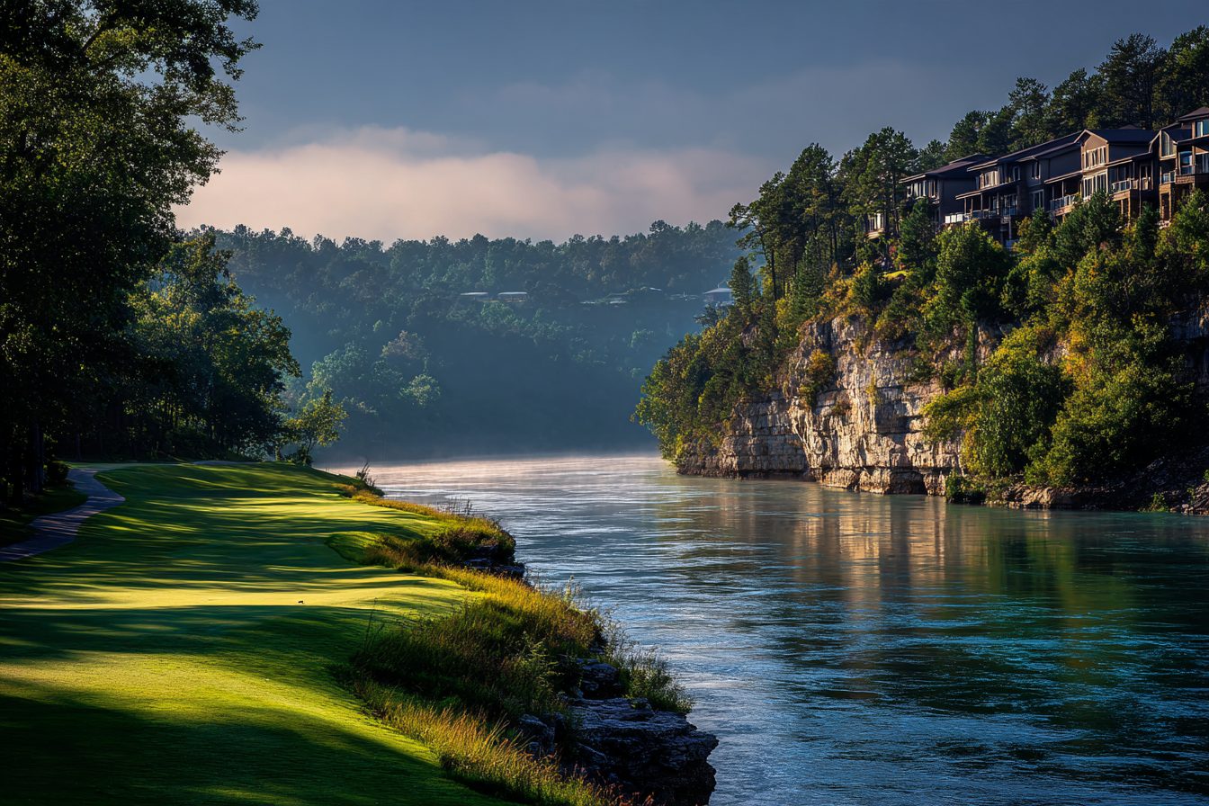 Golf fairway along Lake Taneycomo below a limestone bluff in a Branson golf community