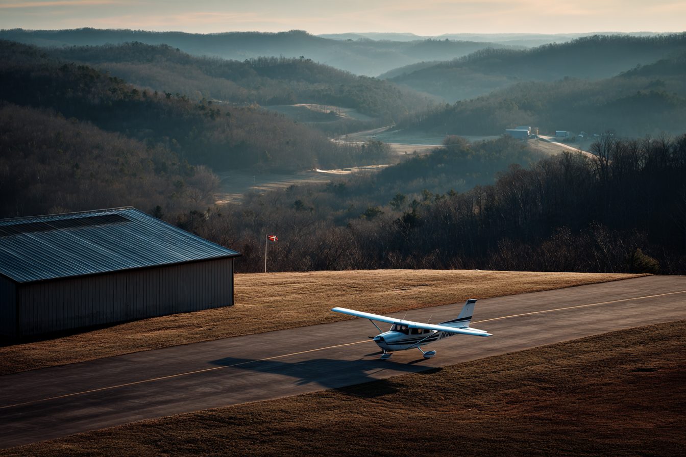 Small private airplane on a ridgetop airport runway in the Ozark hills