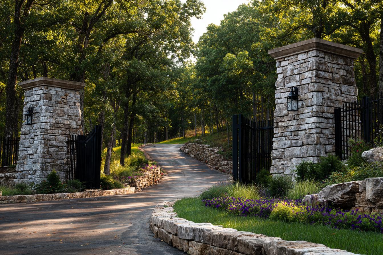 Stone pillars and iron gates at the entrance to a gated community near Branson West