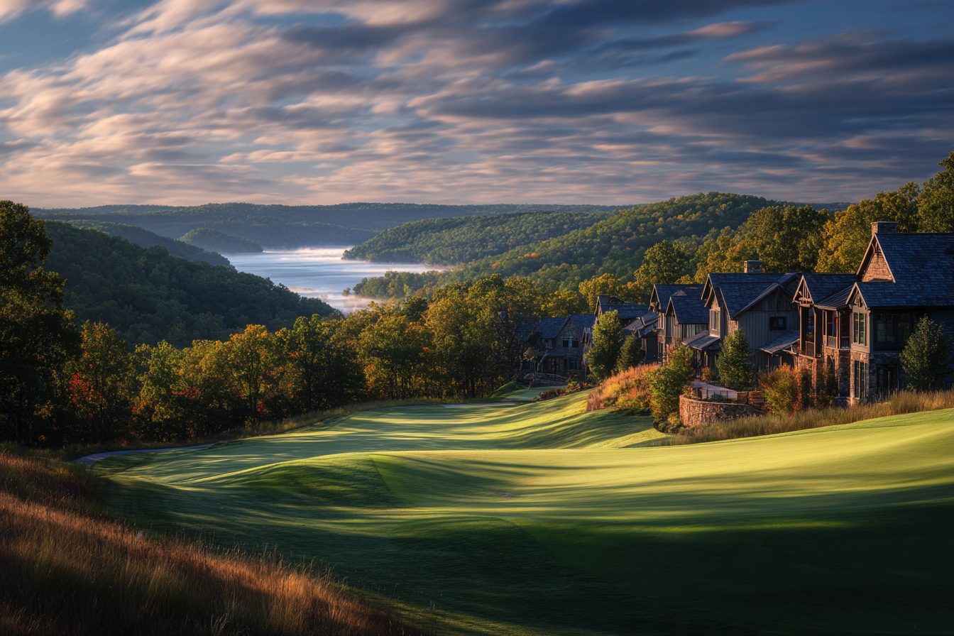 Golf fairway and villas overlooking Table Rock Lake in the Ozark hills
