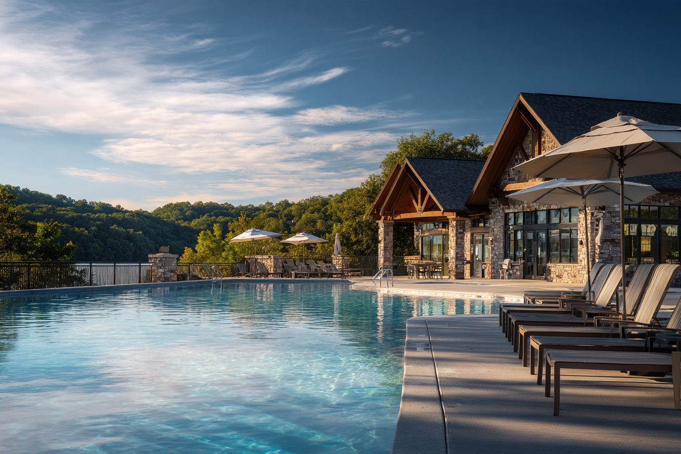 Community clubhouse and pool overlooking the hills in a lake subdivision near Branson West