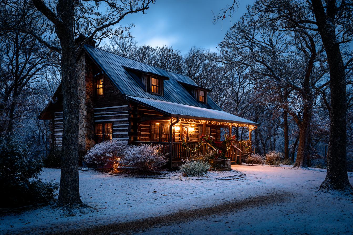 Log cabin with Christmas lights in the Ozark woods on a snowy winter evening