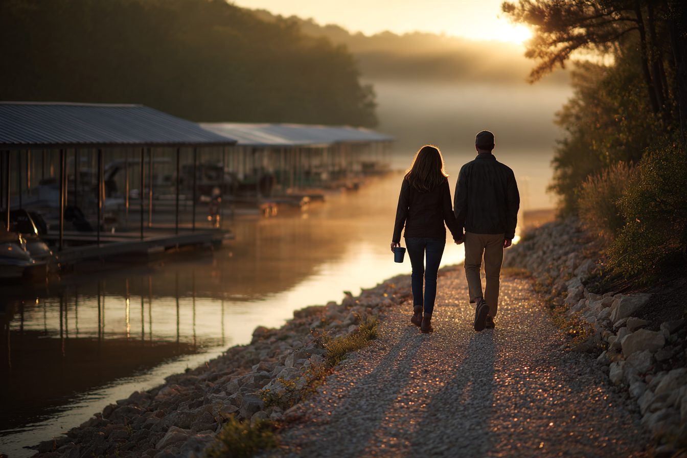 Couple walking a lakeside path past covered boat docks on Table Rock Lake at sunrise