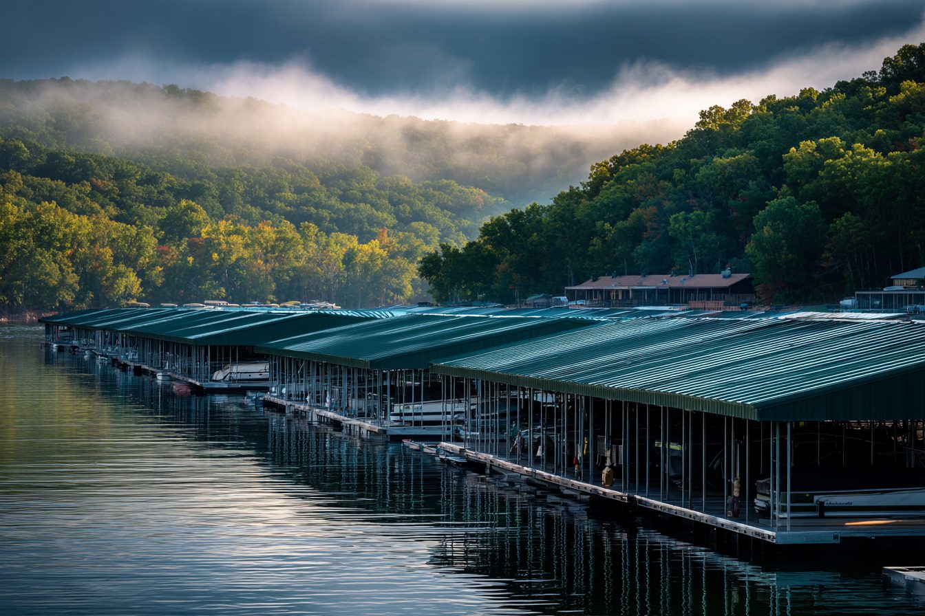 Rows of covered boat slips at a Table Rock Lake marina on a misty morning