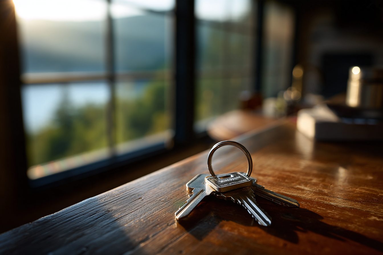 House keys on a wooden counter with a lake view through the window behind them