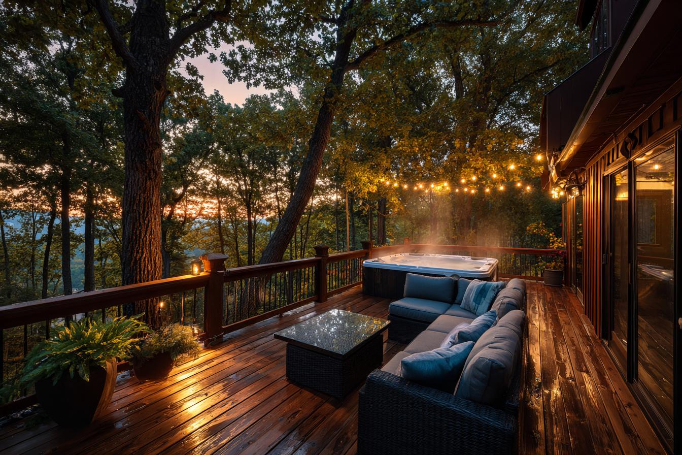 Vacation rental cabin deck with a hot tub and string lights in the woods near Table Rock Lake
